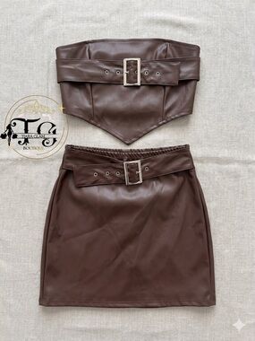 Brown Vegan Leather Belted Skirt Set